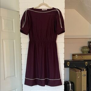 Vintage 1980’s Nancy Steven’s Puff Sleeve Dress with White Polka Dots and Piping